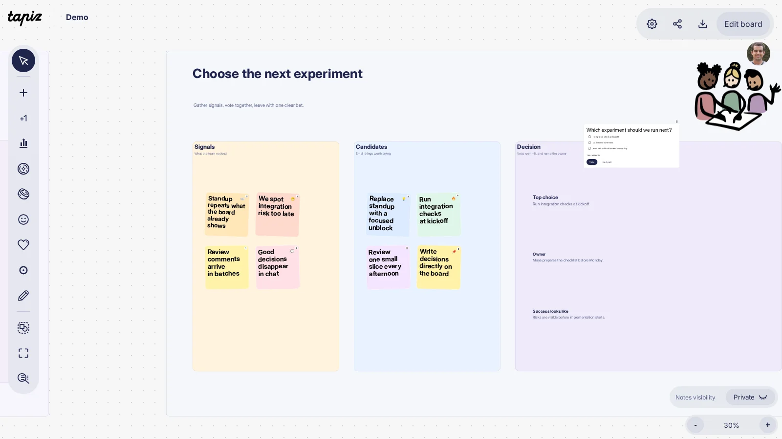 A Tapiz decision board with live reactions, votes, and an open team poll.