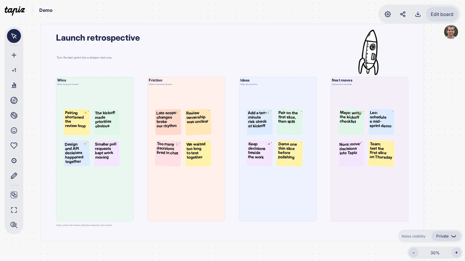A Tapiz retrospective board moving from problems to proposals and actions.